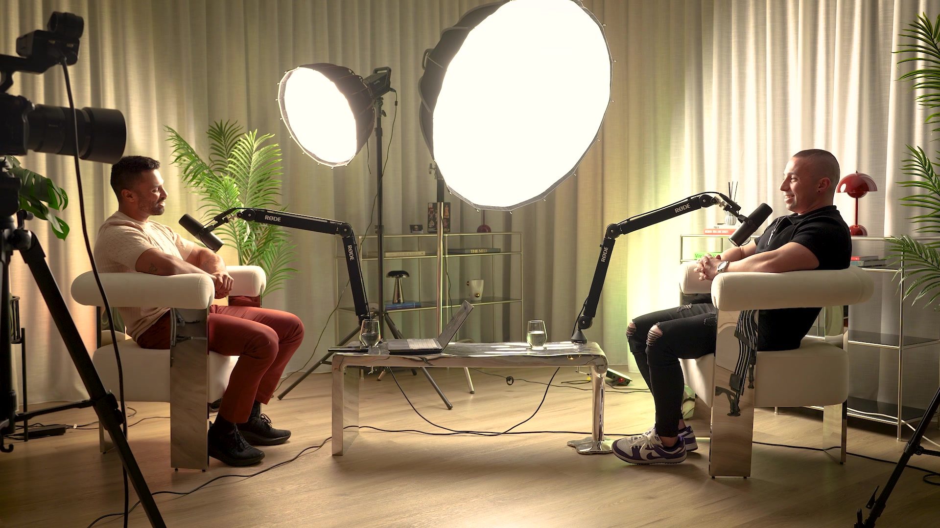 The Hustle & Muscle Podcast, two-camera set, beige curtain